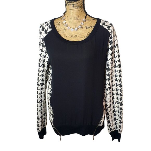 Bobeau Womens L Long Sleeve Zippers Black Cream Houndstooth Top Chic Preppy - Picture 1 of 10